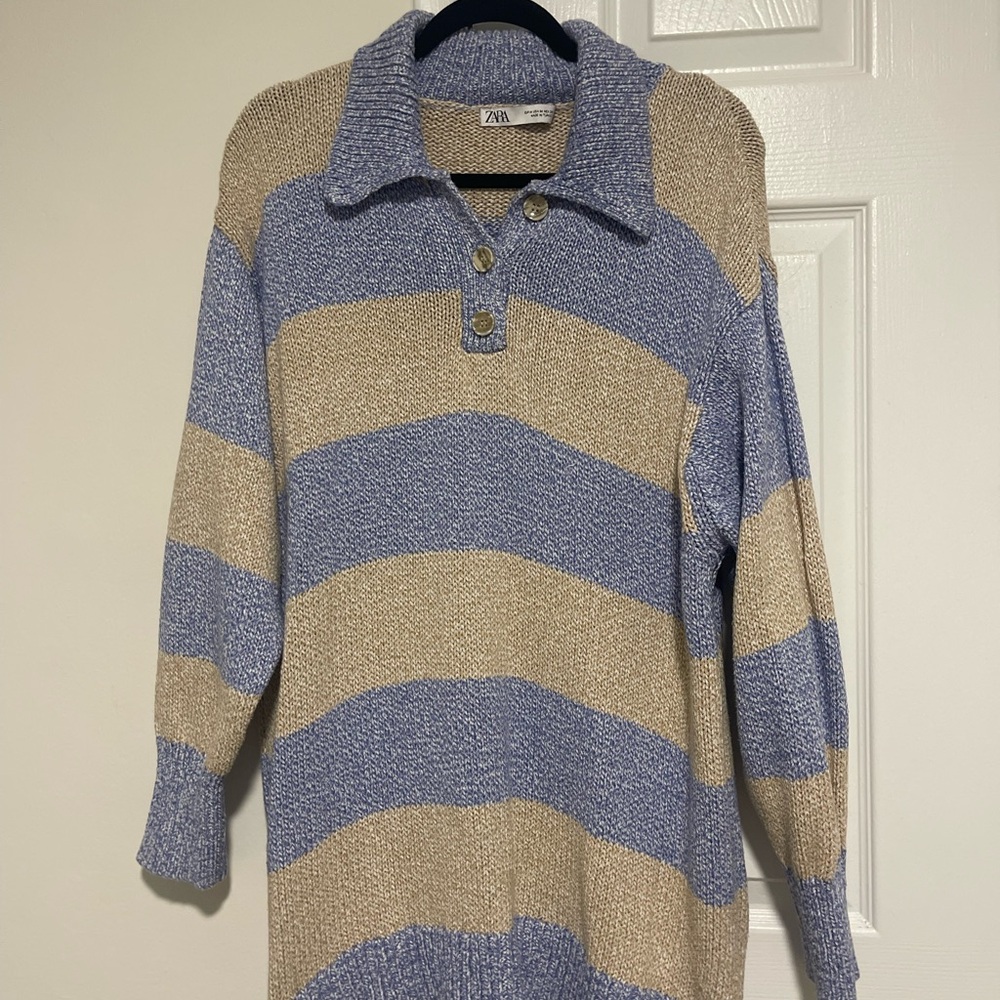 Zara Beige and Light Blue Knit Sweater